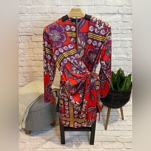 Mango Red and Purple Sheath Dress V-Neck Long Sleeve